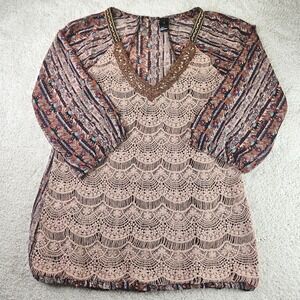 Women's BKE‎ Boutique Top Bohemian Shear Lace Embellished Long Sleeve Size Small